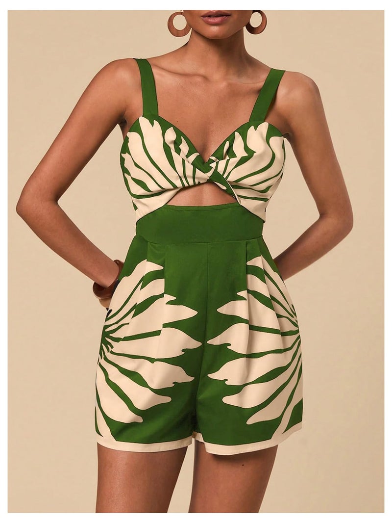 SweatyRocks Women's Cut Out Twist V Neck Romper Sleeveless High Waisted Boho Shorts Jumpsuit Green Medium - Image 4