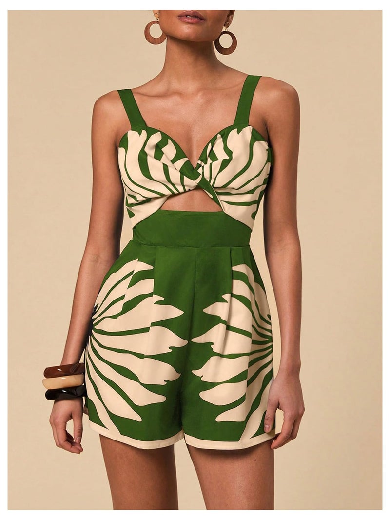 SweatyRocks Women's Cut Out Twist V Neck Romper Sleeveless High Waisted Boho Shorts Jumpsuit Green Medium - Image 3