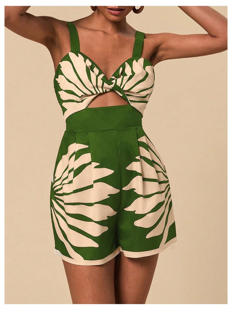 SweatyRocks Women's Cut Out Twist V Neck Romper Sleeveless High Waisted Boho Shorts Jumpsuit Green Medium - Image 5