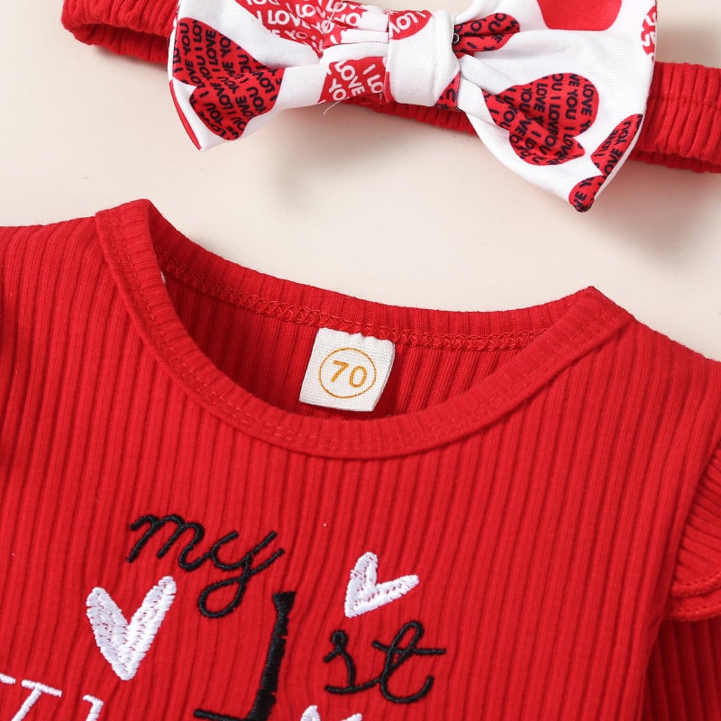 Noubeau My First Valentines Outfits Newborn Baby Girl Outfits Long Sleeve Ribbed Romper Heart Flare Pant Headband 3Pcs(Romper-4,0-3 Months) - Image 4