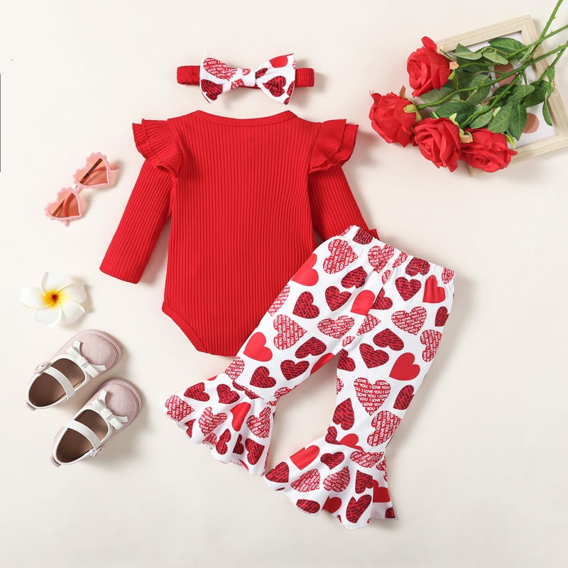 Noubeau My First Valentines Outfits Newborn Baby Girl Outfits Long Sleeve Ribbed Romper Heart Flare Pant Headband 3Pcs(Romper-4,0-3 Months) - Image 2