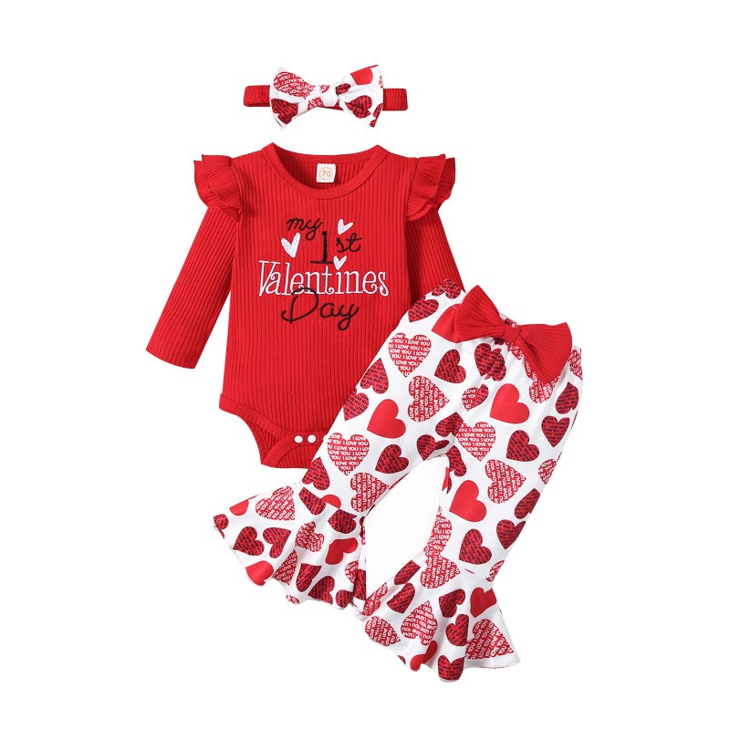 Noubeau My First Valentines Outfits Newborn Baby Girl Outfits Long Sleeve Ribbed Romper Heart Flare Pant Headband 3Pcs(Romper-4,0-3 Months) - Image 1