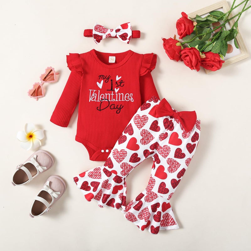 Noubeau My First Valentines Outfits Newborn Baby Girl Outfits Long Sleeve Ribbed Romper Heart Flare Pant Headband 3Pcs(Romper-4,0-3 Months) - Image 3