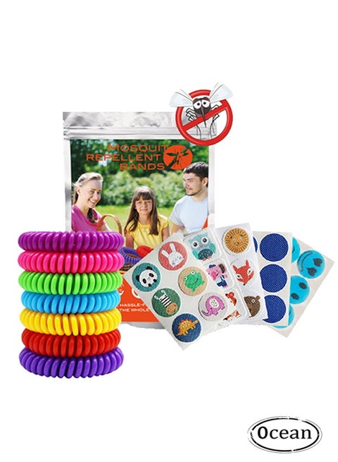 براسيلت منفر متعدد الألوان، 10 قطع من طراز Pcs طارد طبيعي للبعوض مع 30 قطعة من الـ Pcs ملصقات آمنة للأطفال والبالغين مضادة للماء سوار معصم مضاد للحشرات للحماية في الأماكن الداخلية والخارجية