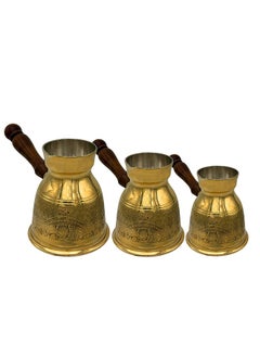 Majestic Majestic Brass Turkish Coffee Pot Set of 3 – Capacities: 180 ml, 300 ml, 430 ml – Laser Design, Handcrafted with Wooden Handle, Perfect for Turkish Coffee, Arabic Coffee, Tea, Milk, and Hot Beverages  - Image 1