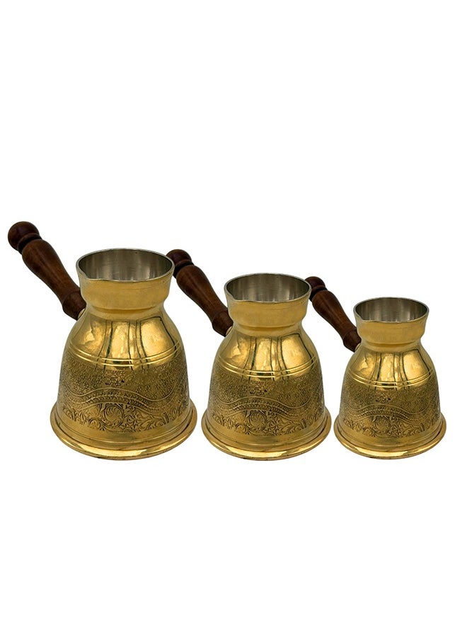 Majestic Majestic Brass Turkish Coffee Pot Set of 3 – Capacities: 180 ml, 300 ml, 430 ml – Laser Design, Handcrafted with Wooden Handle, Perfect for Turkish Coffee, Arabic Coffee, Tea, Milk, and Hot Beverages  - Image 1