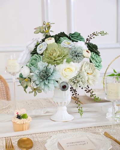 Kisflower Green Artificial Flowers Combo Cake Flowers Decorations Fake Hydrangea Dahlia Silk Roses Gift Box for DIY Wedding Bridal Bouquet Centerpieces Arrangements Party Holiday Decor (Forest Green) - Image 5