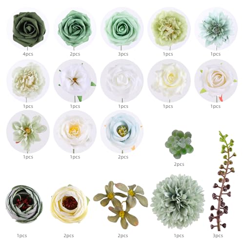Kisflower Green Artificial Flowers Combo Cake Flowers Decorations Fake Hydrangea Dahlia Silk Roses Gift Box for DIY Wedding Bridal Bouquet Centerpieces Arrangements Party Holiday Decor (Forest Green) - Image 2