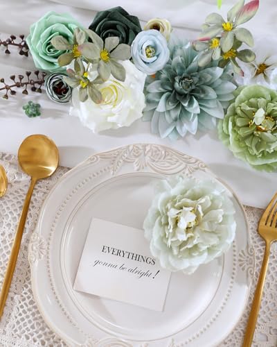 Kisflower Green Artificial Flowers Combo Cake Flowers Decorations Fake Hydrangea Dahlia Silk Roses Gift Box for DIY Wedding Bridal Bouquet Centerpieces Arrangements Party Holiday Decor (Forest Green) - Image 4
