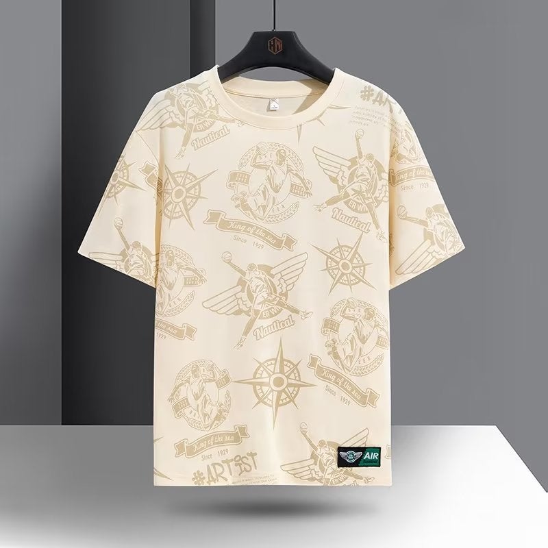 2023 Short-Sleeved Trendyy Fashion Brand Summer Literary Youth Popular Full-Print Pattern Thin Camouflage Round Neck T-Shirt