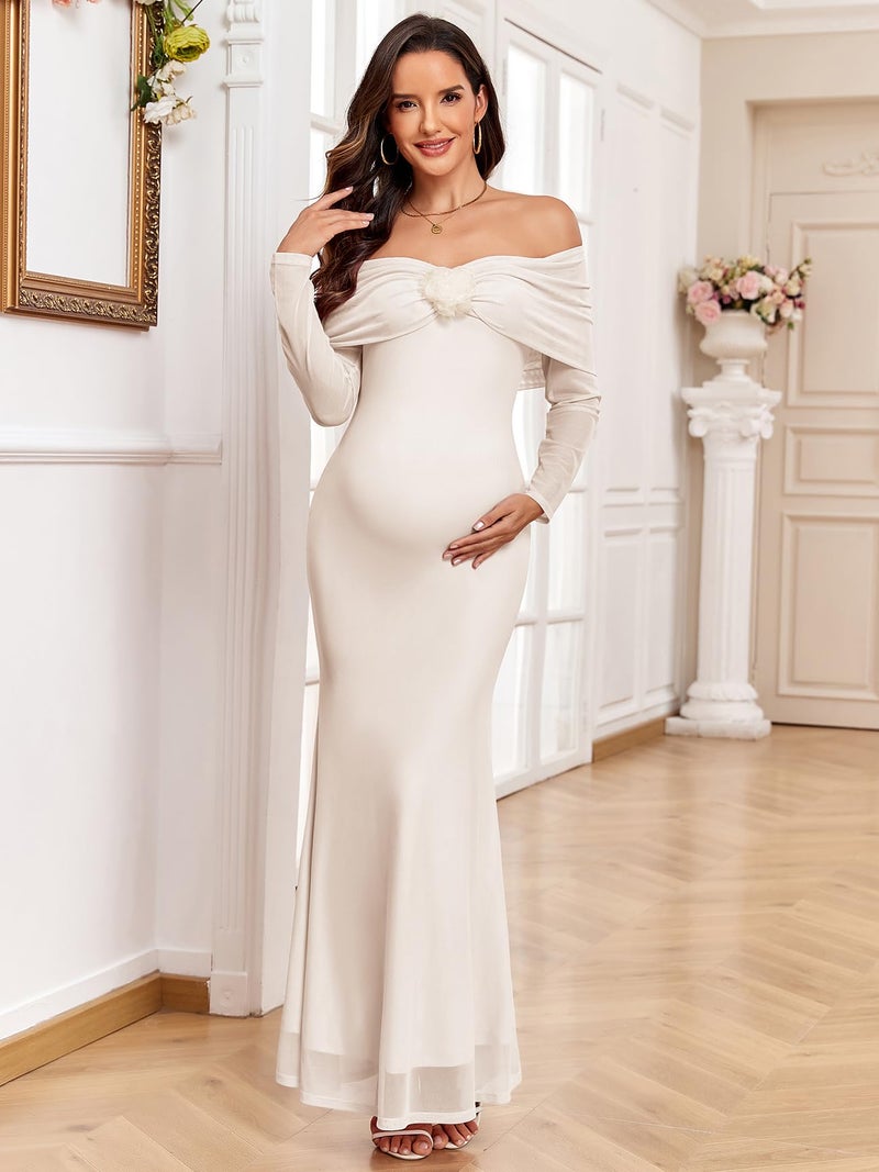 AISWI Maternity Off The Shoulder Mermaid Maxi Dress Mesh Bodycon Pregnancy Dresses Baby Shower Photoshoot with Floral, Champagne, X-Large - Image 3