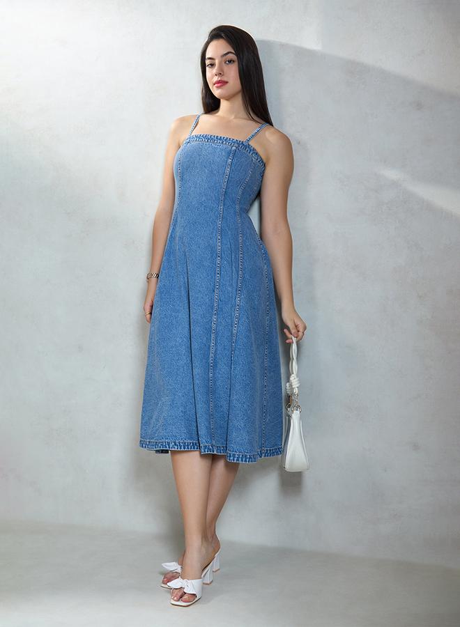 VIRGIO 100% Cotton Denim Banded Midi Dress - Image 1
