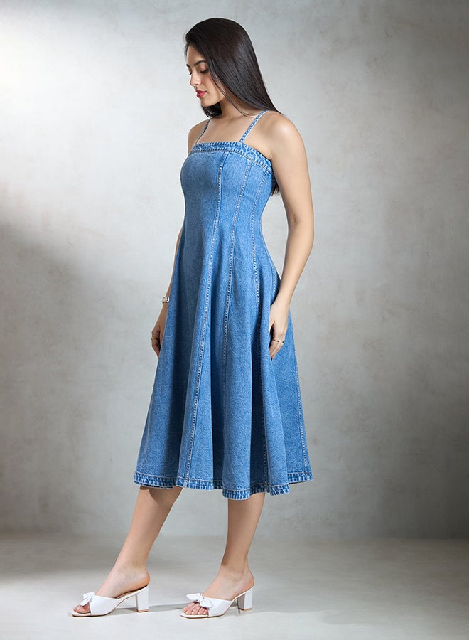 VIRGIO 100% Cotton Denim Banded Midi Dress - Image 4