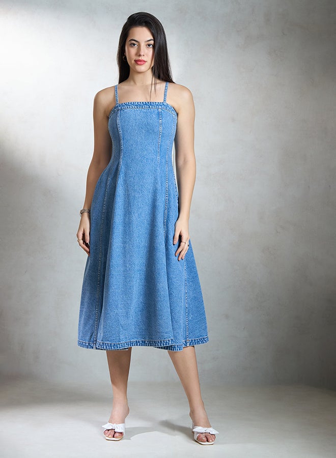 VIRGIO 100% Cotton Denim Banded Midi Dress - Image 3