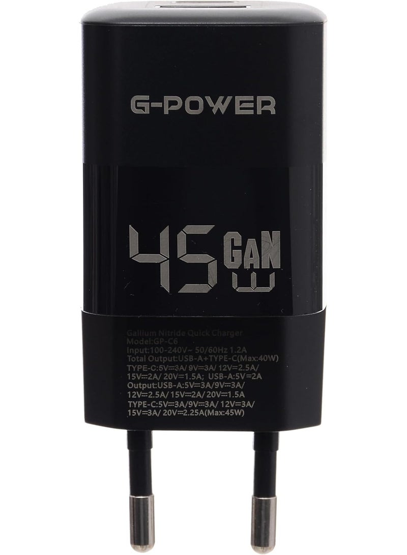 جي باور شاحن جي-باور GP-C6 بقوة 45 واط بمنفذي USB (USB-A وUSB-C) يدعم تقنية الشحن السريع كوالكوم 3.0، متوافق مع أجهزة ماك بوك برو، وآيباد، وجالاكسي، وبيكسل، وآيفون، وغيرها - أسود - Image 2