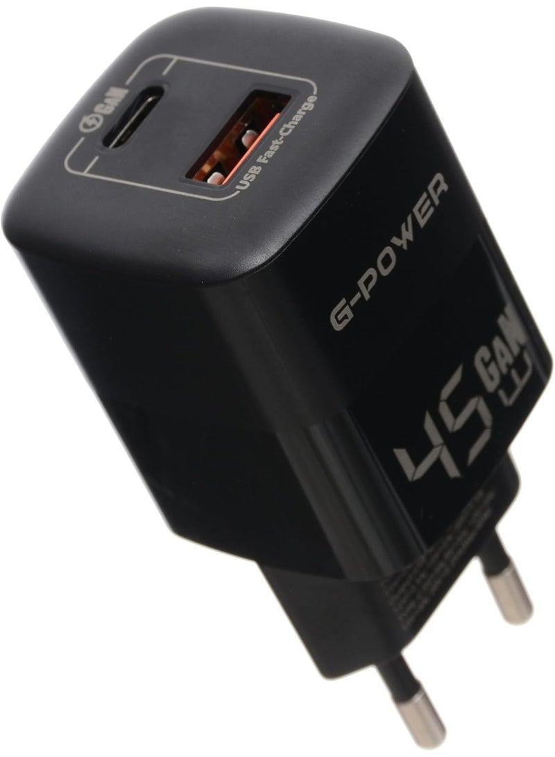 جي باور شاحن جي-باور GP-C6 بقوة 45 واط بمنفذي USB (USB-A وUSB-C) يدعم تقنية الشحن السريع كوالكوم 3.0، متوافق مع أجهزة ماك بوك برو، وآيباد، وجالاكسي، وبيكسل، وآيفون، وغيرها - أسود - Image 1