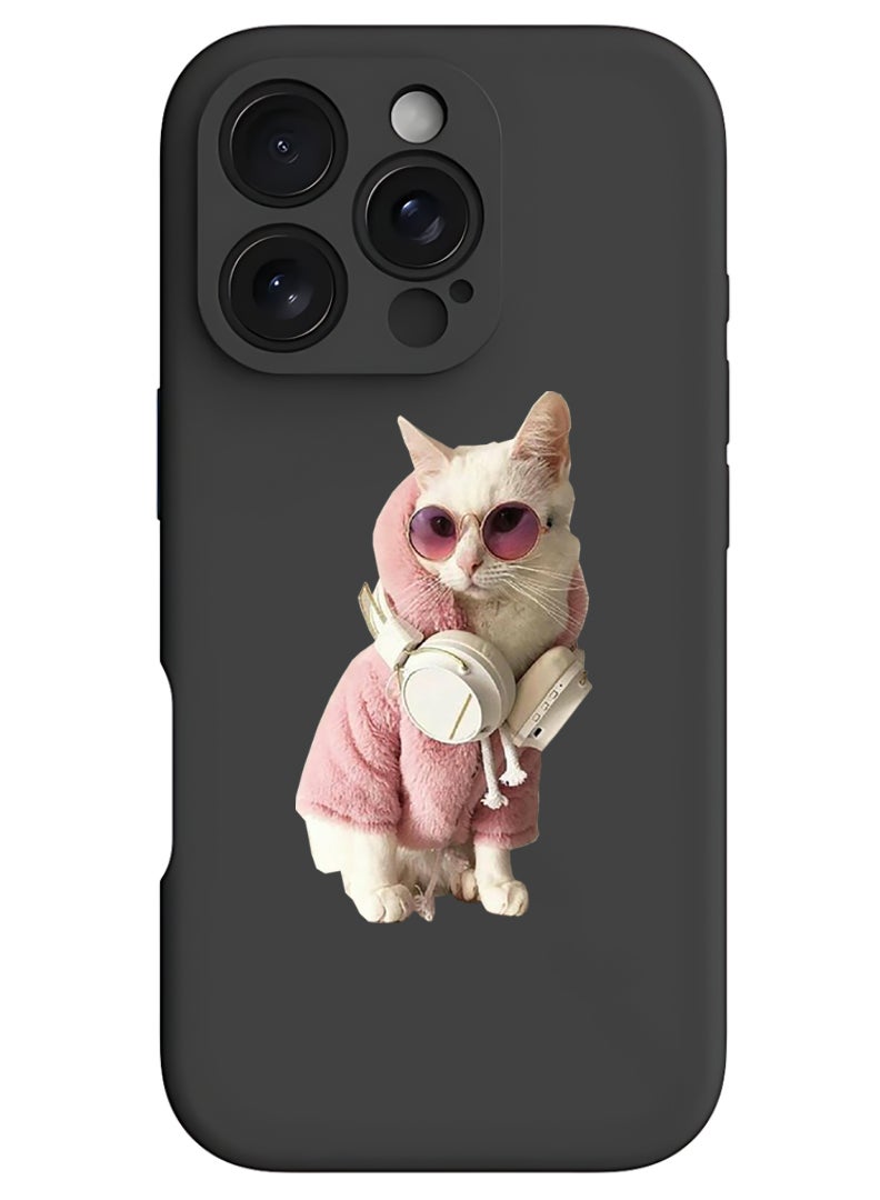 Theodor iPhone 16 Pro Max Black Protective Slim Fit Case Liquid Silicone Cover with Full Body Protection Anti-Scratch Shockproof Case For iPhone - White Cat - Image 1