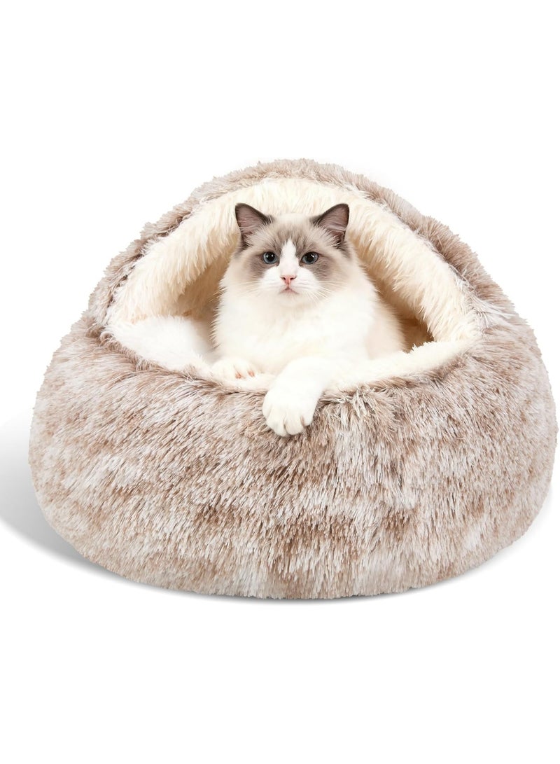 Calming Dog Beds & Cat Cave Bed with Hooded Cover,Removable Washable Round Beds for Small Medium Pets,Anti-Slip Faux Fur Fluffy Coved Bed for Improved Sleep,Fits up to 15/25 lbs (Small,20"x20") - Image 1