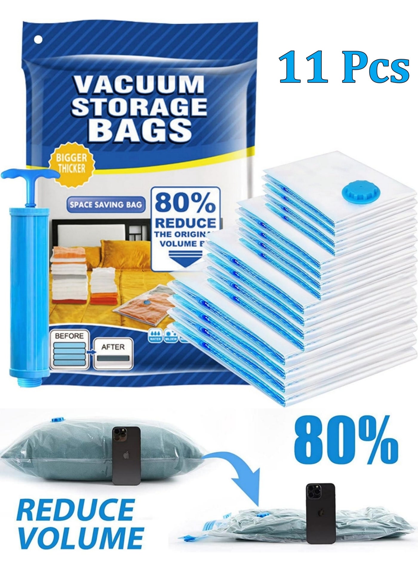 Vacuum Space Saver Bags, 10 Pcs Vacuum Storage Bags with 1 Pcs Hand Air Pump, (2 Pcs 100x80cm), (4 Pcs 80x60cm), (4 Pcs 70x50cm),Compression Bags Space Saver Bags Vacuum Seal Bags