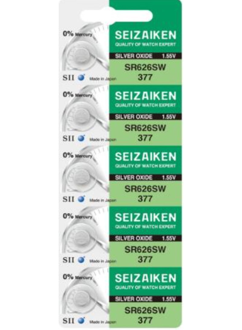 5 Pieces Seizaiken 377/SR626SW 0%Mercury Silver Oxide 1.55V Japan Batteries.