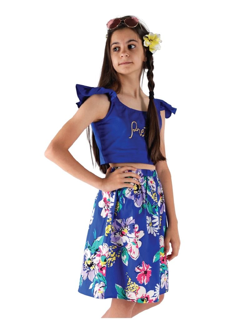 AIKO - Girls Cotton Blue and Floral Pattern Top and Skirt Set - Image 3