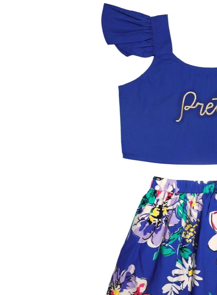 ايكو AIKO - Girls Cotton Blue and Floral Pattern Top and Skirt Set