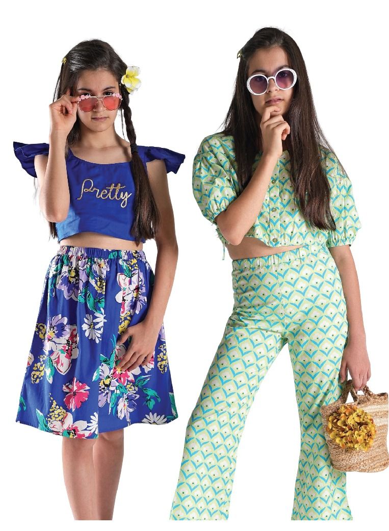 AIKO - Girls Cotton Blue and Floral Pattern Top and Skirt Set - Image 4
