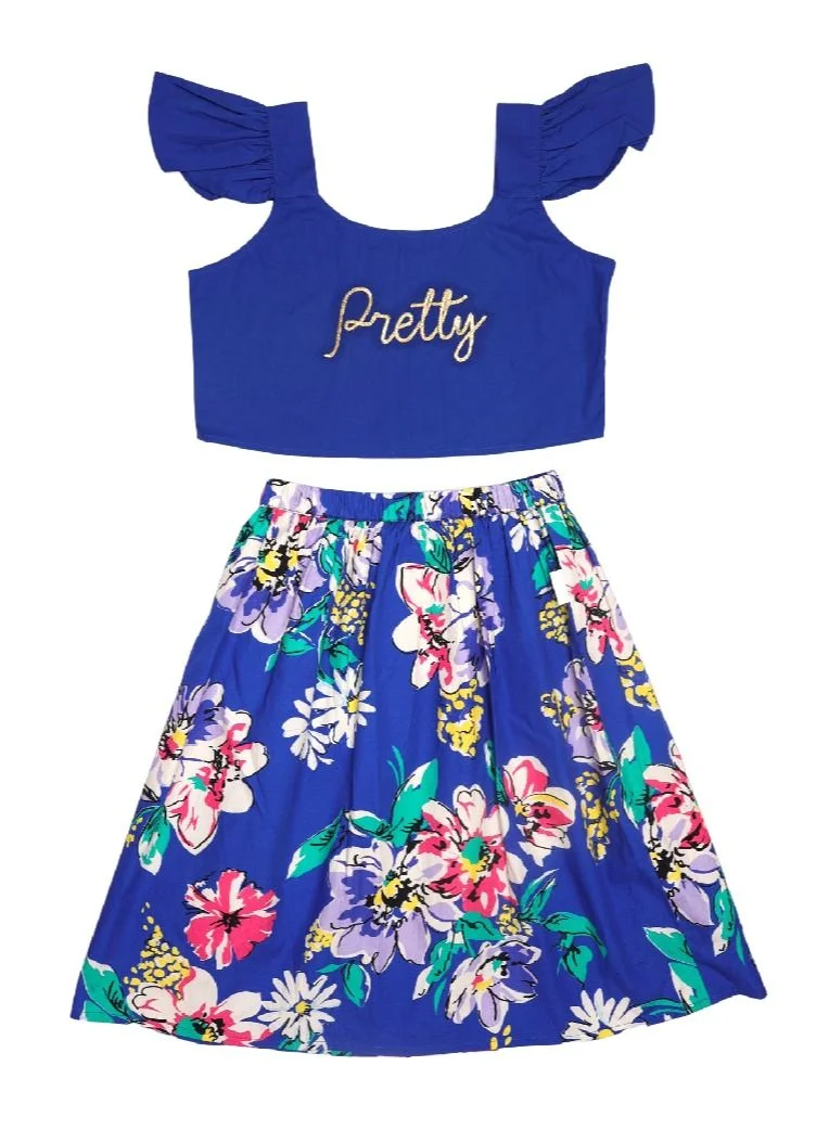 ايكو AIKO - Girls Cotton Blue and Floral Pattern Top and Skirt Set