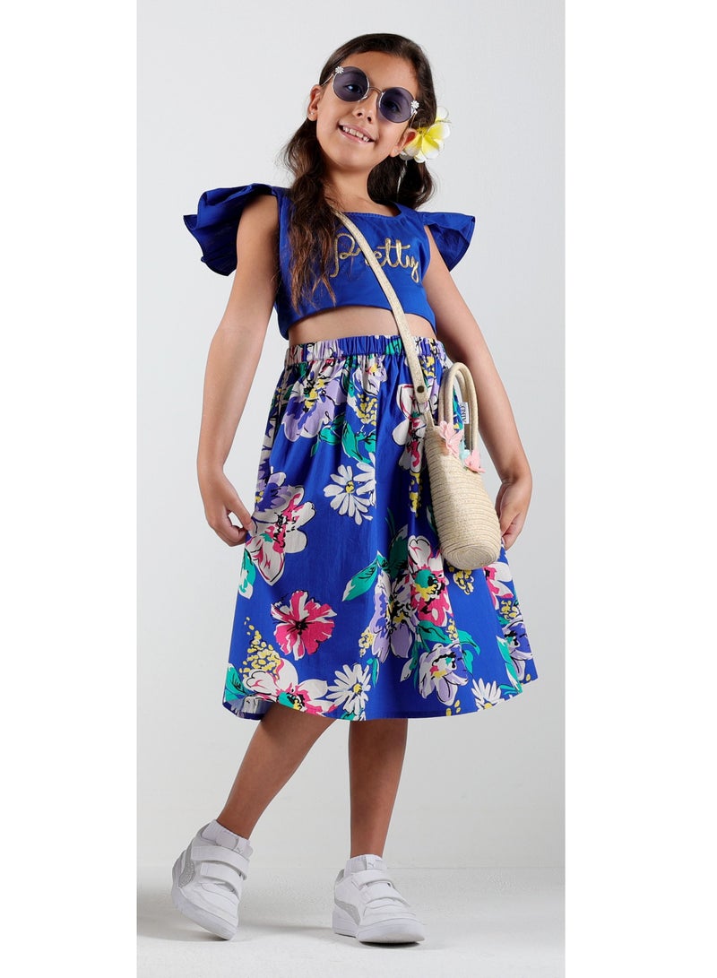 AIKO - Girls Cotton Blue and Floral Pattern Top and Skirt Set - Image 5