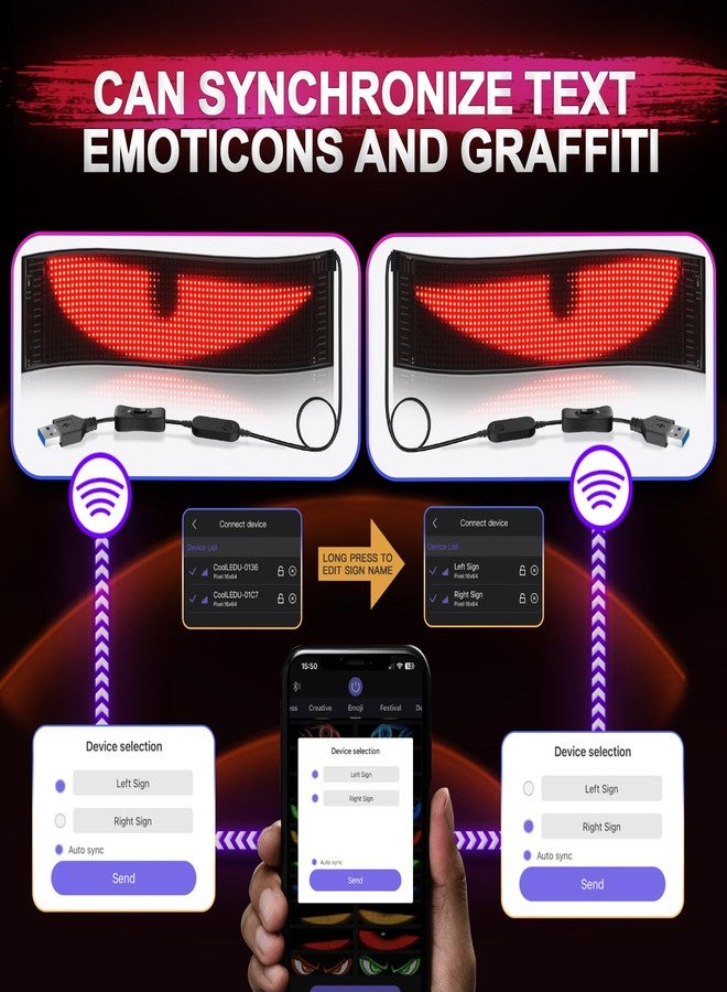 مصباح Rayhome Devil Eyes للسيارة، شاشة زجاجية أمامية مرنة كاملة الألوان على شكل عيون كبيرة، شاشة LED قابلة للبرمجة للسيارة، لافتة ضوئية LED قابلة للتمرير لنافذة السيارة. - Image 3