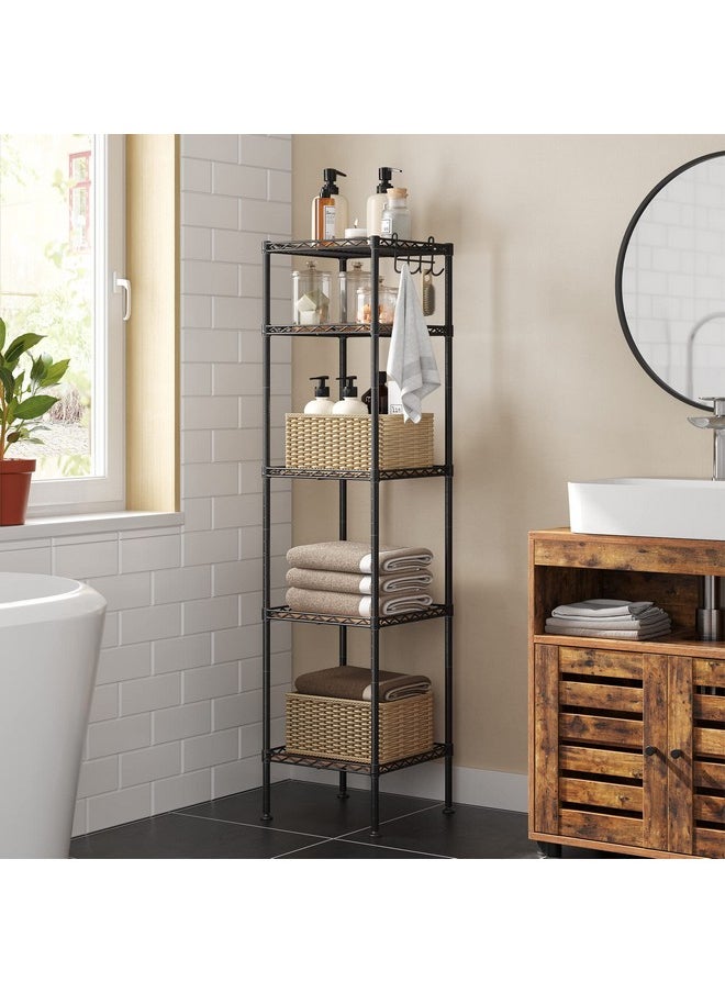 SONGMICS SONGMICS 5-Tier Bathroom Shelf, Storage Rack for Small Space, with 5 PP Shelf Liners, Removable Hook, Extendable Design, Ink Black and Rustic Brown ULGR023B02  - Image 3