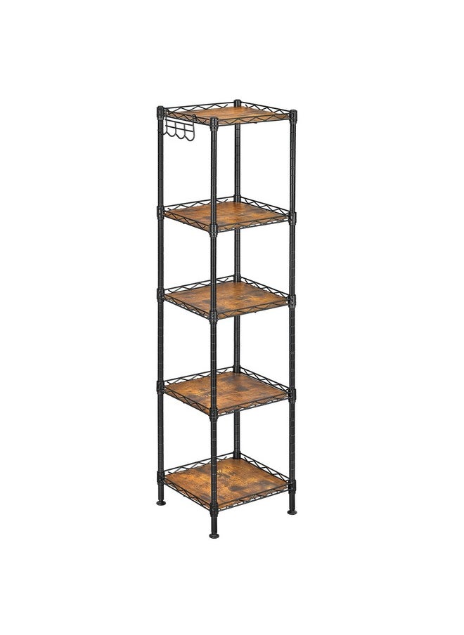 SONGMICS SONGMICS 5-Tier Bathroom Shelf, Storage Rack for Small Space, with 5 PP Shelf Liners, Removable Hook, Extendable Design, Ink Black and Rustic Brown ULGR023B02  - Image 1