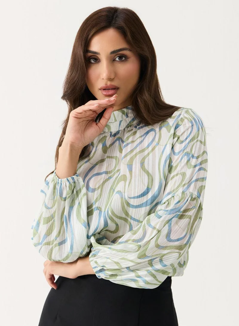 Zigzag High Neck Printed Long Sleeve Top