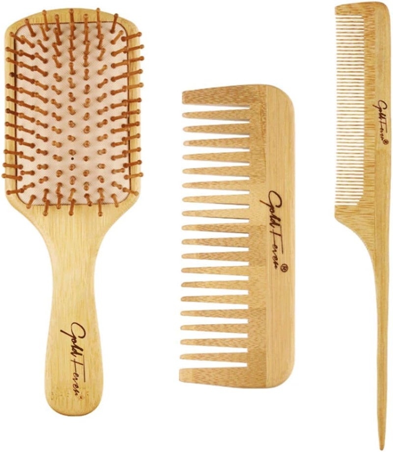 LELE Natural Bamboo Comb Set Wooden Massage Hair Brush with Wide Tooth Comb & Grooming Comb for Women Men and Kids - Reduce Frizz and Massage Scalp - Image 1