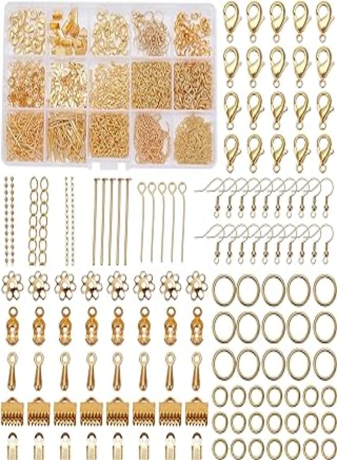 PH PandaHall PandaHall Elite 870 pcs Jewellery Findings Kits Including Iron pins Ribbon Ends Brass Chains Earring Hooks, Golden 