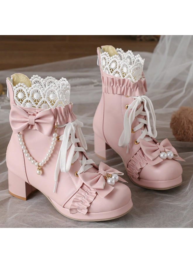 LUXMAX Women Cute Lolita Boots Chunky Mid Heel Ankle Boots with Bow Platform Lace Up Booties with Pearl, Size 8.5 M US,Pink - Image 3