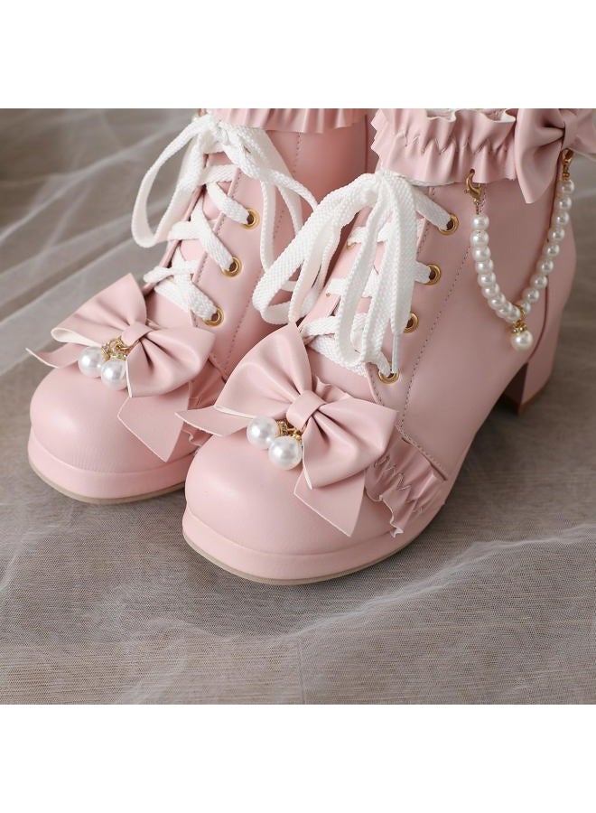 LUXMAX Women Cute Lolita Boots Chunky Mid Heel Ankle Boots with Bow Platform Lace Up Booties with Pearl, Size 8.5 M US,Pink - Image 5