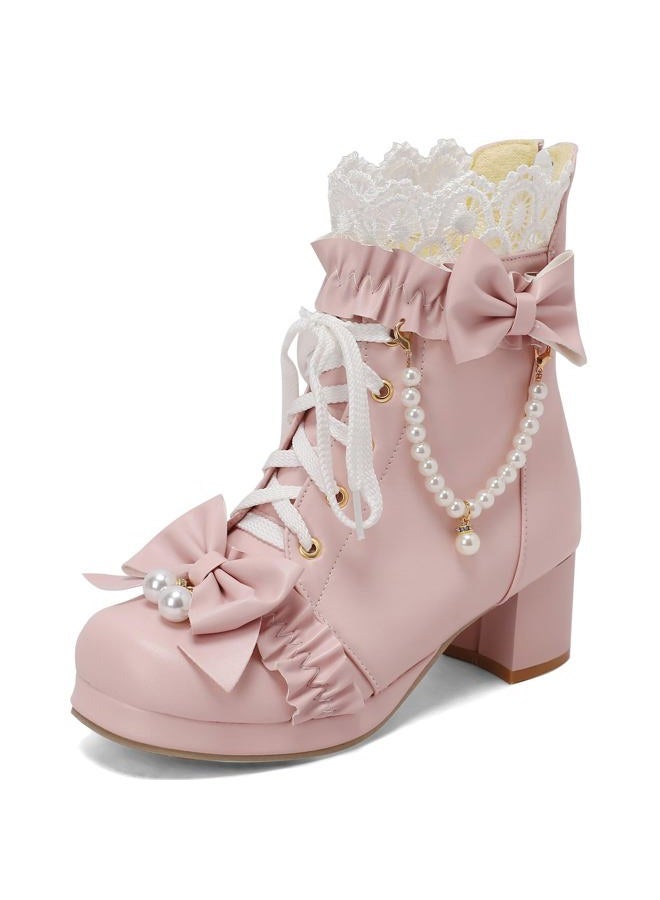 LUXMAX Women Cute Lolita Boots Chunky Mid Heel Ankle Boots with Bow Platform Lace Up Booties with Pearl, Size 8.5 M US,Pink - Image 1