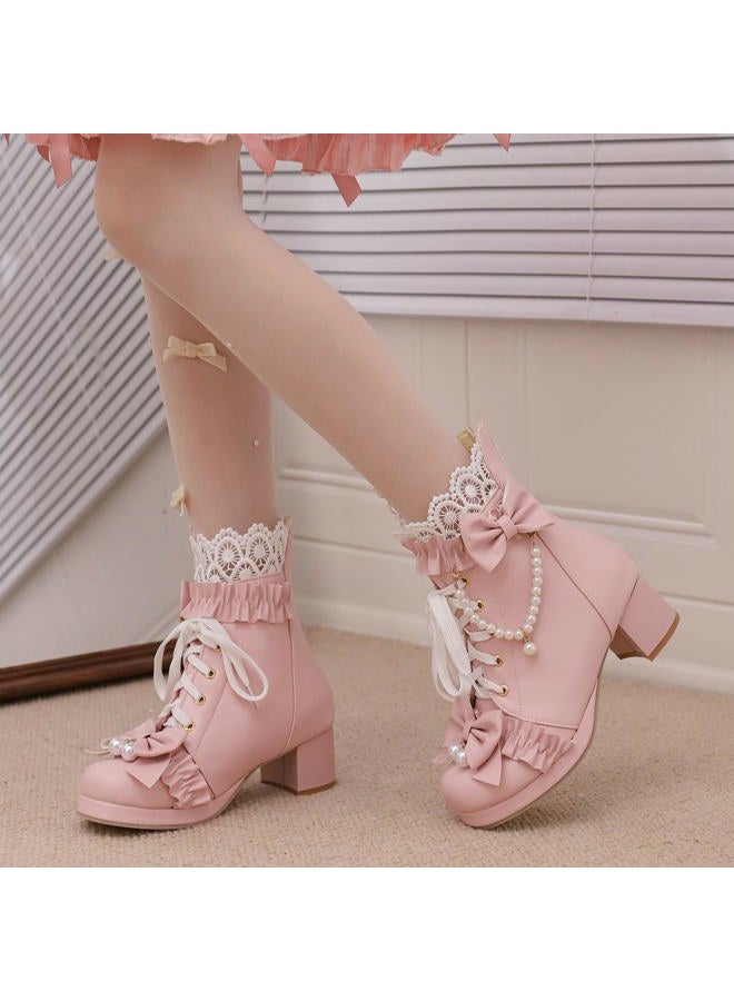 LUXMAX Women Cute Lolita Boots Chunky Mid Heel Ankle Boots with Bow Platform Lace Up Booties with Pearl, Size 8.5 M US,Pink - Image 2