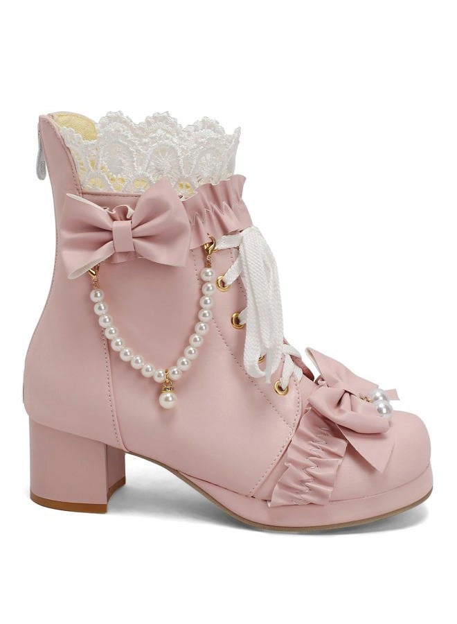 LUXMAX Women Cute Lolita Boots Chunky Mid Heel Ankle Boots with Bow Platform Lace Up Booties with Pearl, Size 8.5 M US,Pink - Image 4