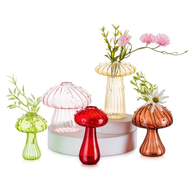 Hewory Glass Mushroom Vase for Flowers 5pcs Colored Small Bud Flower Vases Unique Mushroom Propagation Hydroponic Vases Funky Cottagecore Decor for Home Room Kitchen Office Windowsill Decorations