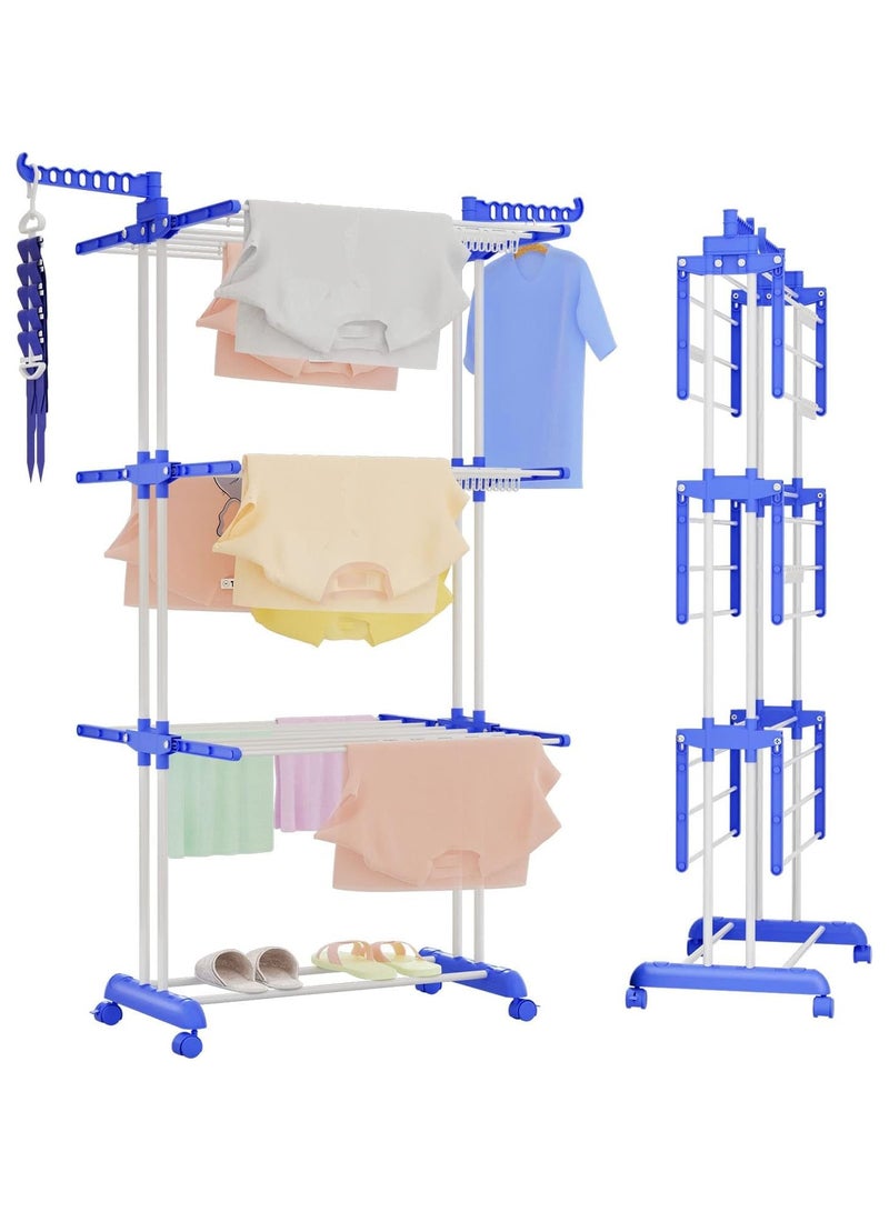 Clothes Drying Rack with 4 Castors,Folding Movable Clothes Rail Storage Rack, 4 Tier Clothes Horses Rack Laundry Garment Dryer Stand (Blue)