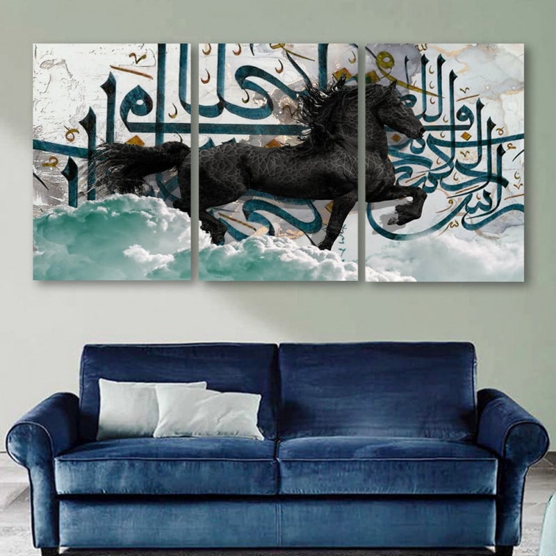 ماركتنا ثلاث لوحات قماشية مودرن بتصميم حصان مع برواز مجوف مقاس (90×40) ثلاث قطع - Image 1
