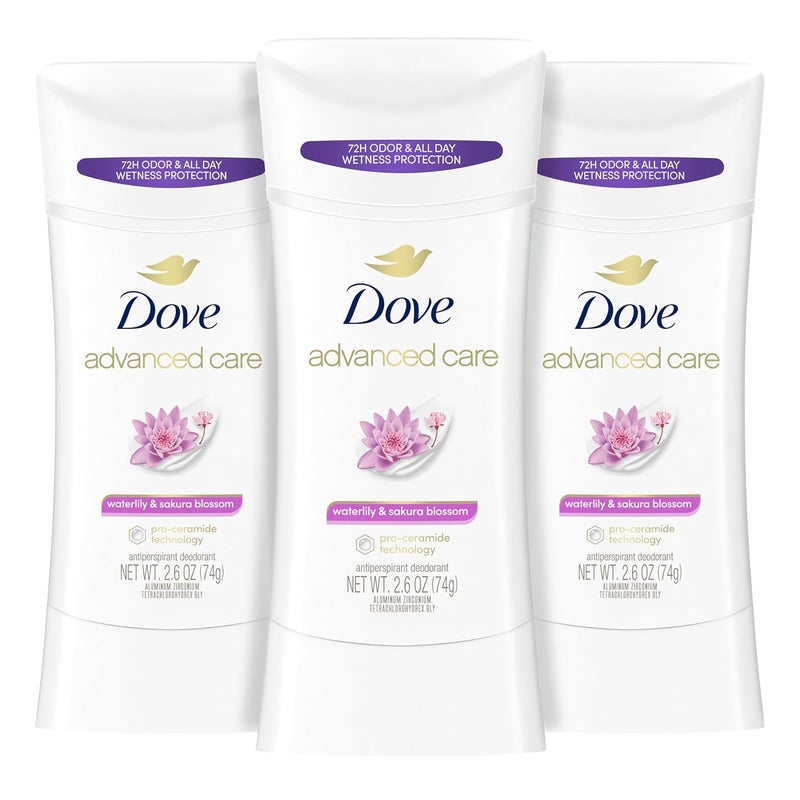 Dove Advanced Care Antiperspirant Deodorant Stick Waterlily & Sakura Blossom 3ct For underarm care with Pro Ceramide technology with 72-hour odor control and sweat protection for soft underarms