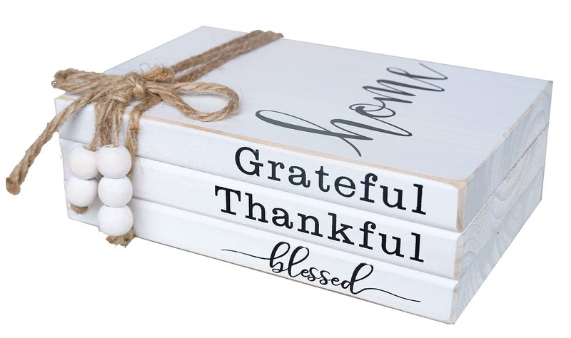 LIVDUCOT Wooden Farmhouse Decor Faux Book Stack Set of 3 for Coffee Tables and Shelves Grateful Thankful Blessed Home Sign 55 x 7 x 25