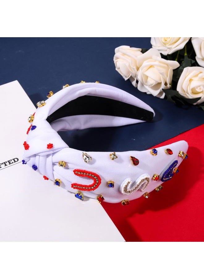 MOLOCH American Flag Headband 4th of July Headband Red White Blue USA Stripe Knotted Headband for Women Rhinestone Crystal Patriotic Hairband Party Hair Accessory - Image 3