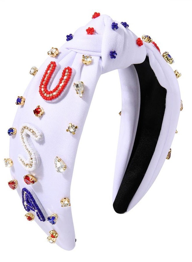 MOLOCH American Flag Headband 4th of July Headband Red White Blue USA Stripe Knotted Headband for Women Rhinestone Crystal Patriotic Hairband Party Hair Accessory - Image 1