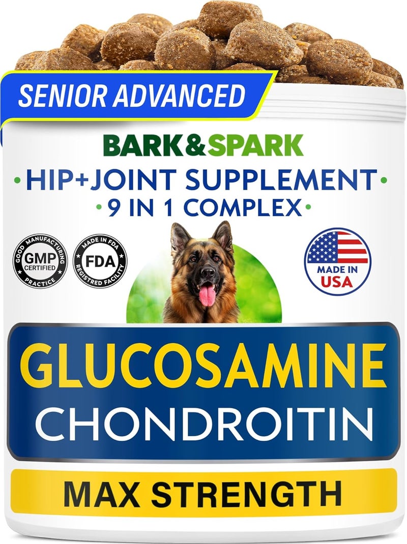 BARK&SPARK مكمل بارك آند سبارك المتقدم للكلاب المسنة من الجلوكوزامين والكوندرويتين - تخفيف آلام مفاصل الورك - مضغات مفاصل للكلاب المسنة للسلالات الكبيرة والصغيرة - مضغات مفاصل الورك لعلاجات العناية بصحة المفاصل - 120 قطعة - Image 1