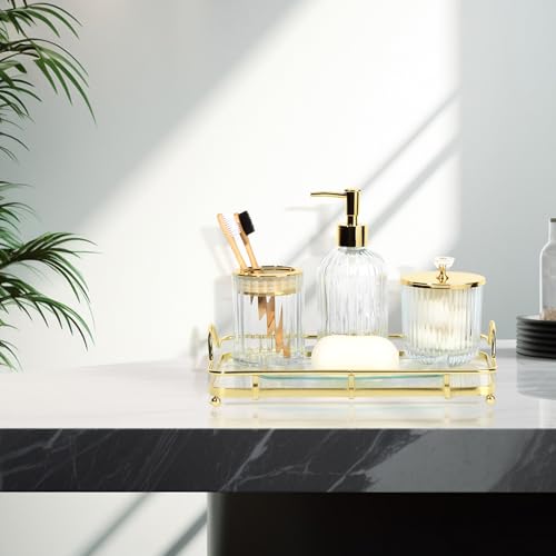Kukikan Designer Clear Glass Bathroom Accessories Sets - 4 Pcs with Lotion Soap Dispenser, Bathroom Toothbrush Holder, Vanity Tray, and Apothecary Jar, Vintage Bathroom Decor, Gift Countertop Organizer - Image 2
