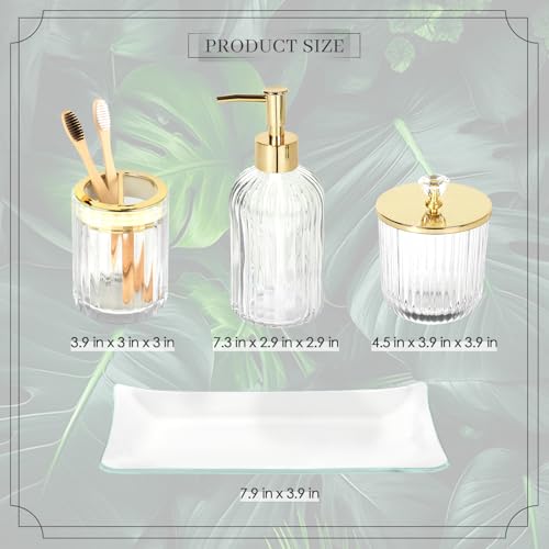 Kukikan Designer Clear Glass Bathroom Accessories Sets - 4 Pcs with Lotion Soap Dispenser, Bathroom Toothbrush Holder, Vanity Tray, and Apothecary Jar, Vintage Bathroom Decor, Gift Countertop Organizer - Image 5